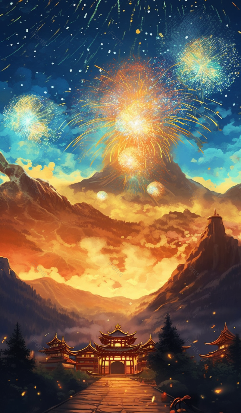 中国风格国风古风建筑房屋山峰夜空中烟火烟花绽放竖版插画,插画/手绘图,插画/手绘图库,插画/手绘图下载,插画/手绘